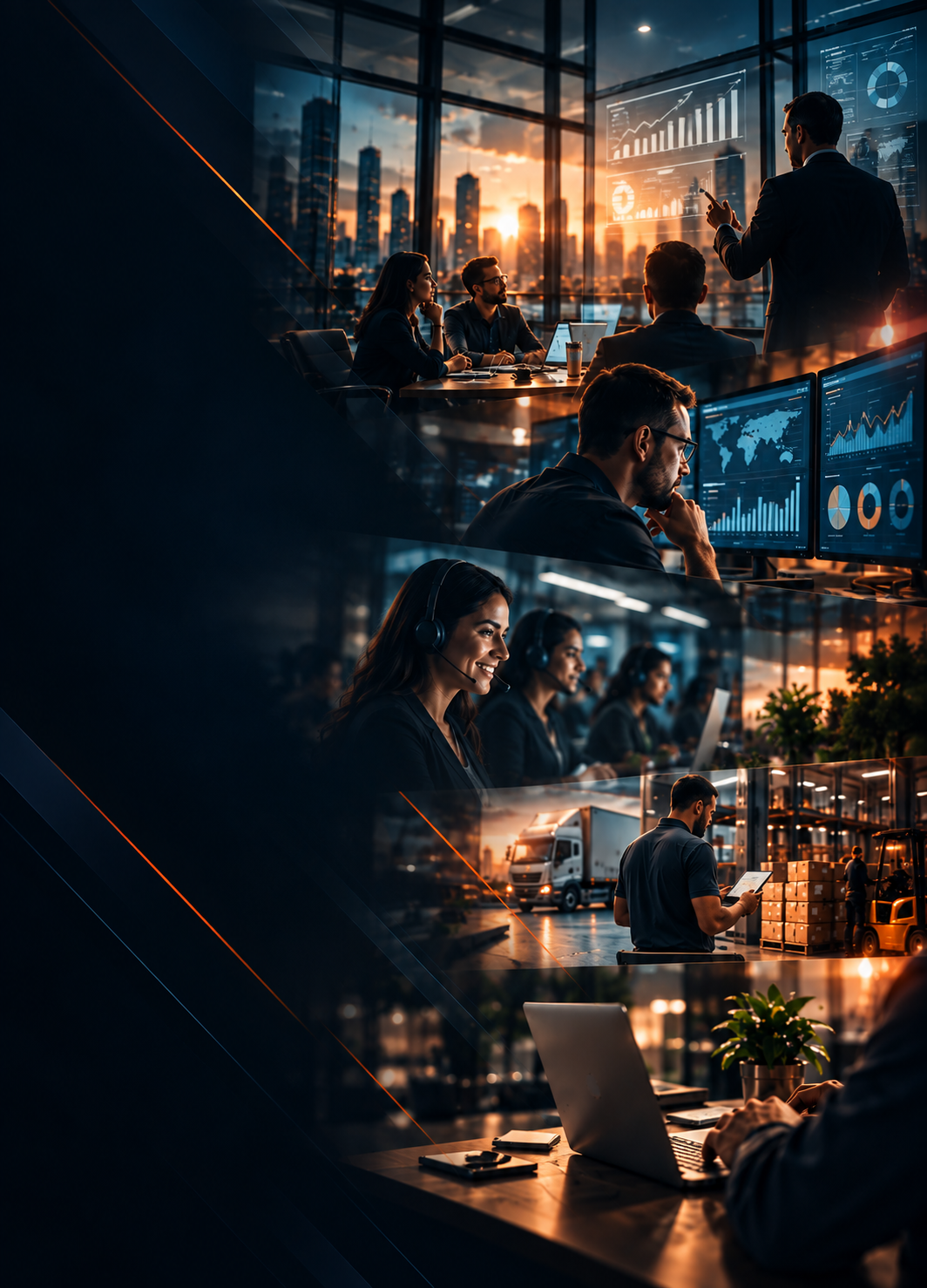 Profissionais em ambiente corporativo integrado, analisando dados e estratégia